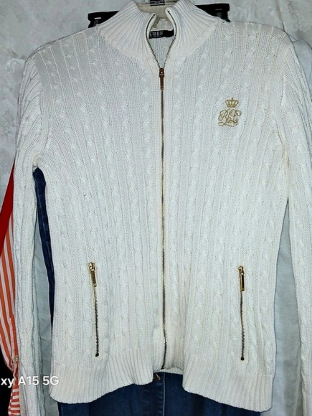 🍂Lauren Ralph Lauren Crested Cream Cable Knit Zip Up Sweater Size Medium